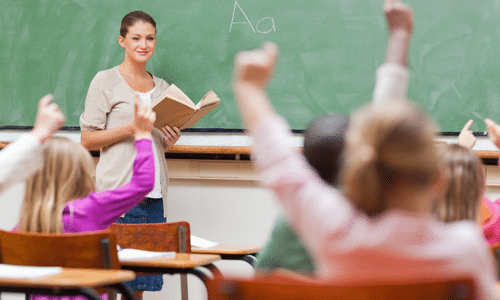 classroom with teacher and students