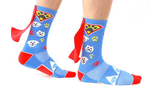 custome socks (complete with a cape) created by Spirit Sox USA