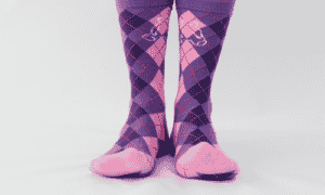 custom socks made by spirit sox usa (purple and pink argyle socks with teddy bear)