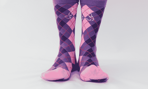custom socks made by spirit sox usa (purple and pink argyle socks with teddy bear)