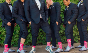 groomsmen and groom at wedding ceremony with custom socks from Spirit Socks