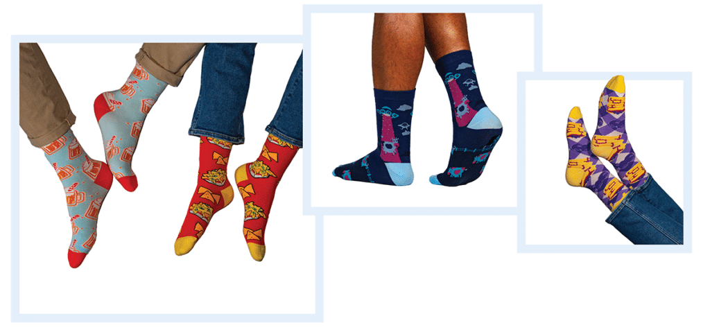 root beer float socks, nacho socks, alien socks, and pancake socks