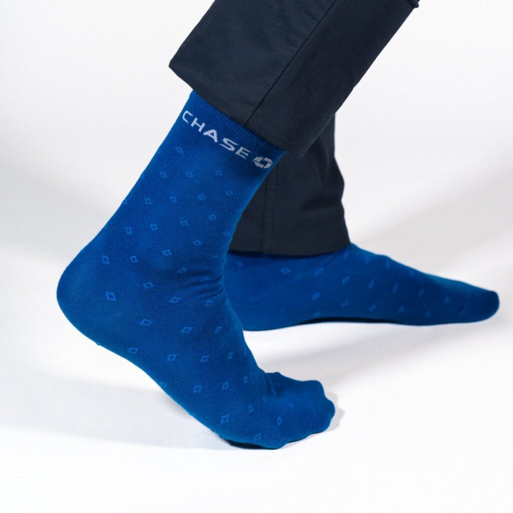 custom blue knitted socks with company logo
