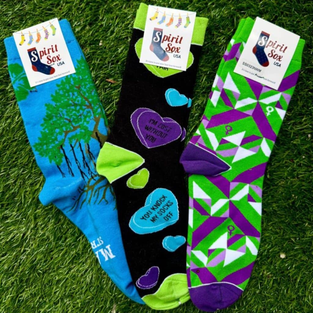 three pairs of spring themed custom socks from spirit sox USA.