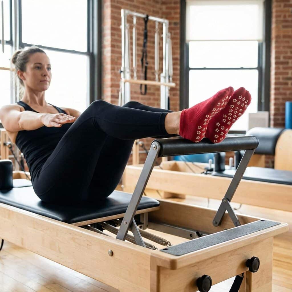 woman wearing a pair of maroon grippy socks