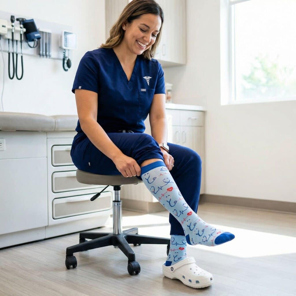 a nurse practitioner putting on custom compression socks from spirit sox usa