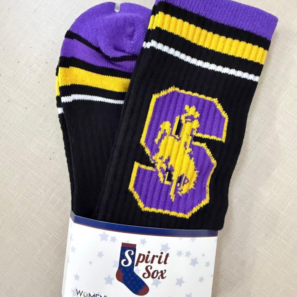 a pair of branded socks for a sports team with black background and purple and yellow team color and team logo