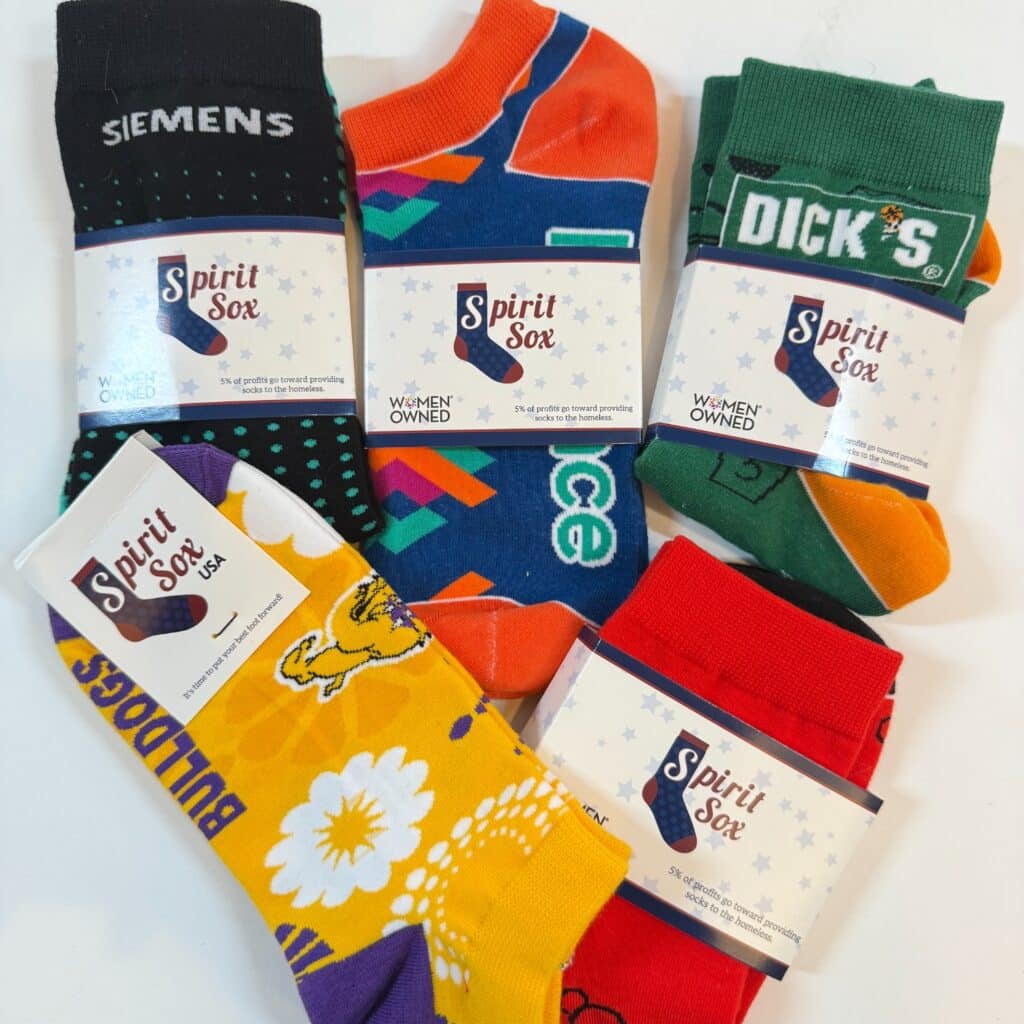 branded custom socks with logos for various brands including Dick's sporting goods and SIEMENS
