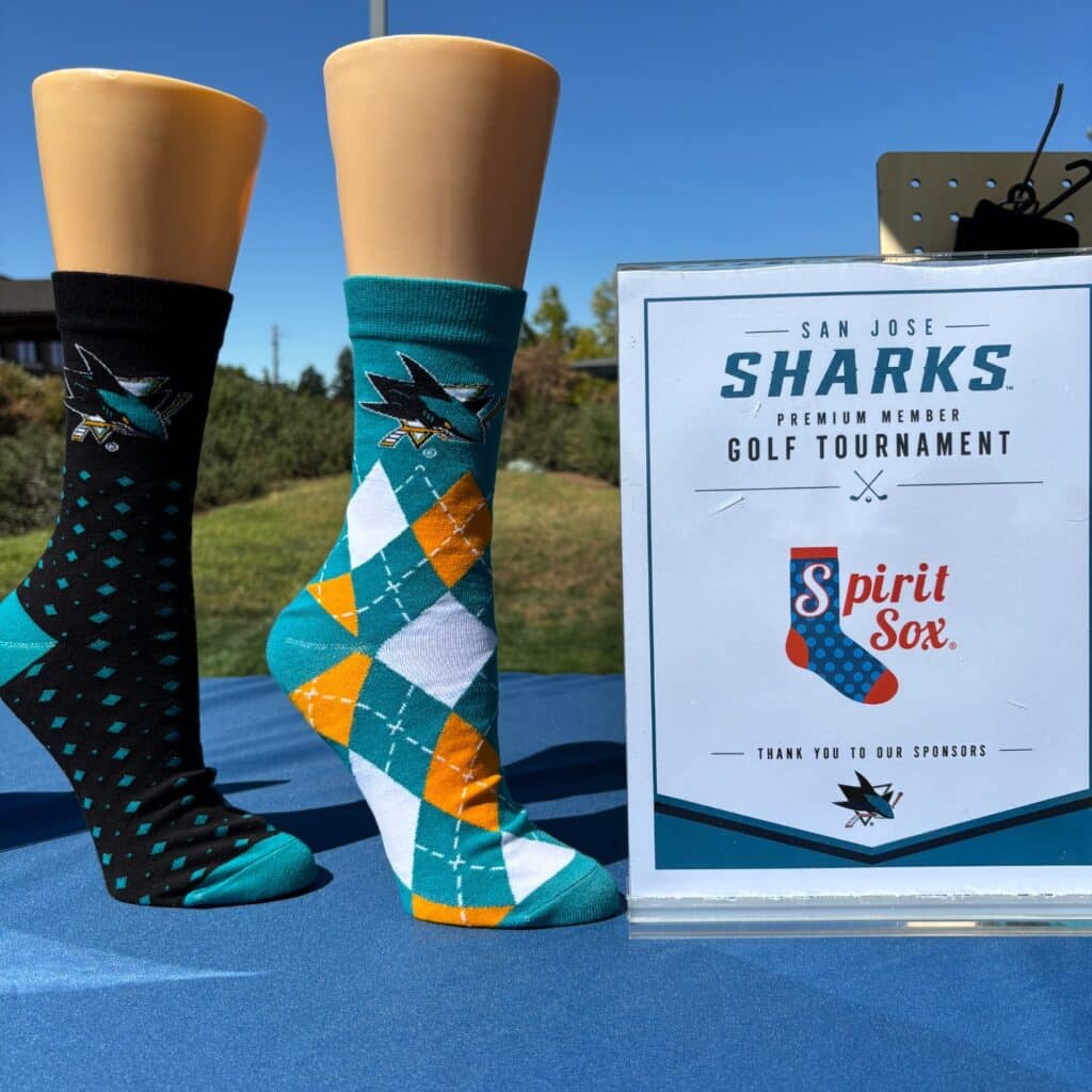 spirit sox custom sox for events with San Jose sharks branding and logo for a golf tournament