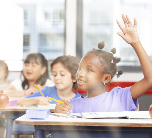 girl raising her hand in classroom